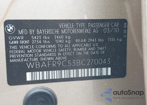 2011 BMW 550I из США, поврежденный, VIN WBAFR9C53BC270043